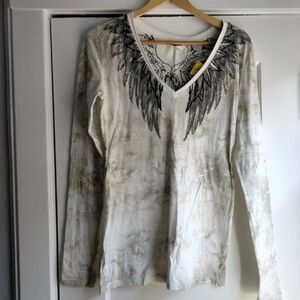 Miss Me Y2K Angel Wings V-Neck Long Sleeve Blouse Womens Sz L Beaded Embroidered